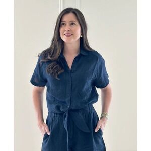 Circle of Trust Nadia Blouse Navy Blue 100% Linen Tie Front Button Down Top S